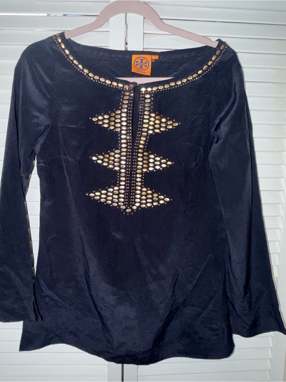 Tory Burch Navy Long-Sleeve Studded 100% Silk Tunic with Gold Accents Size 4